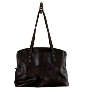S-ZONE Women Dark Brown Leather Tote Bag Shoulder Purse Brass Hardware Zip Top